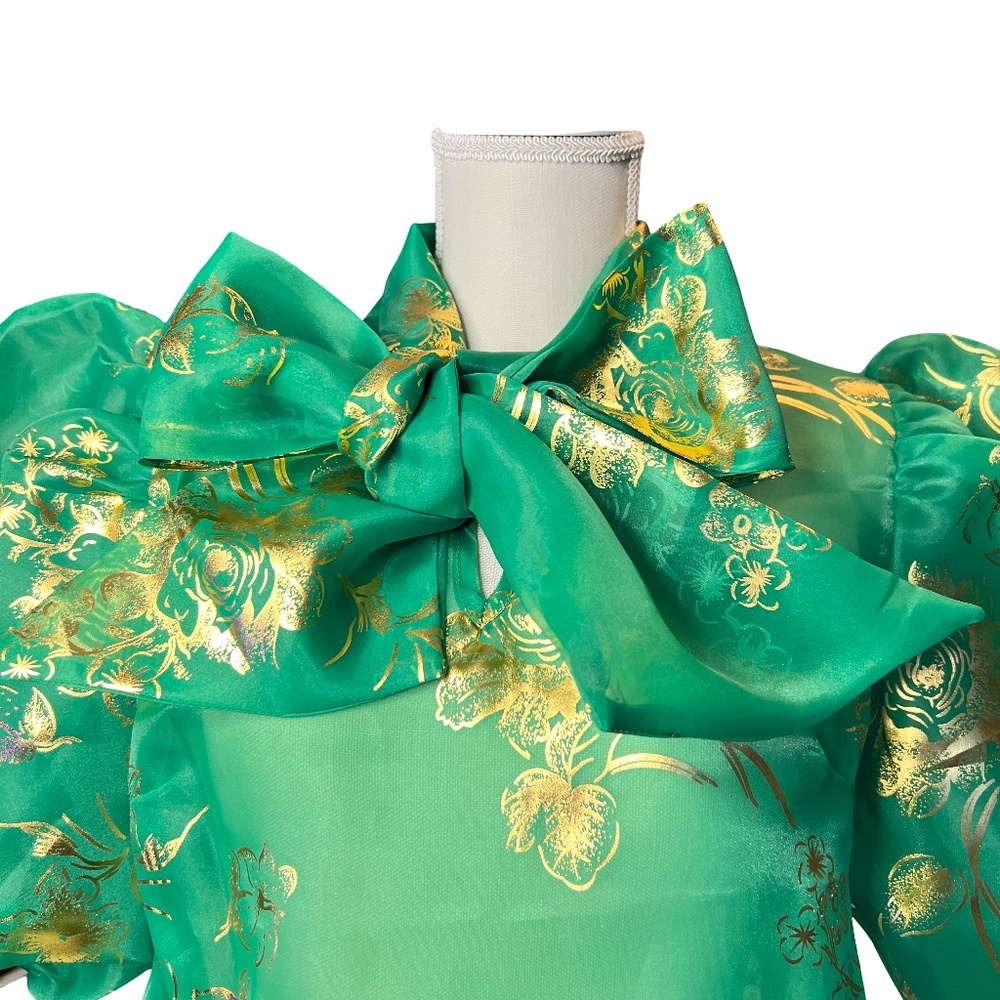 #A117 Nancy Sheer Luxe Green & Gold Organza Puff Sleeve Top NWT L - Picture 8 of 14